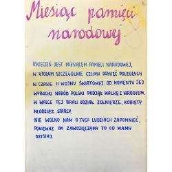 Zdjęcie z opisem kartki kroniki szkolnej w Linkowie poświęcone miesiącowi pamięci narodowej, którym był kwiecień.  APO sygn. 2725/168