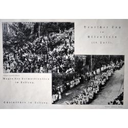 Zdjęcie przedstawiające „Niemiecki Dzień” w Olsztynie [10 lipca] - Wozy podczas uroczystego pochodu oraz uczennice biorące udział w uroczystym pochodzie Książka ze zbioru bibliotecznego APO „Zur Erinnerung an die Abstimmung in Masuren und Ermland ”