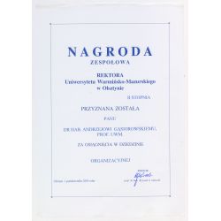 Nagroda zespołowa rektora Uniwersytetu Warmińsko-Mazurskiego w Olsztynie przyznana  A. Gąsiorowskiemu za osiągnięcia w dziedzinie organizacyjnej, Olsztyn, 1 października 2003 r. 