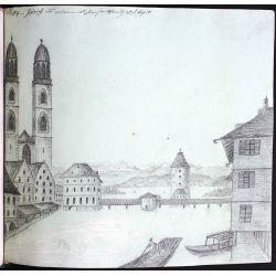 Zurych, widok na jezioro i kościół Grossmünster, 27 sierpnia 1818