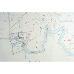 Mapa katastralna z 1863 roku wsi Wadąg z zaznaczonym przepustem wodnym na rzece oraz młynem gdzie istniała papiernia w latach 1715 -1864. AP Olsztyn 1367/4320.