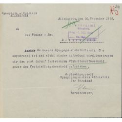Pismo przewodniczącego gminy żydowskiej Neumanna do Urzędu Finansowego w Olsztynie z 30.11.1938 r. w sprawie spalonej synagogi (APO, sygn. 630/518)