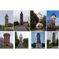 Przykładowe wieże ciśnień zachowane na terenie województwa warmińsko-mazurskiego: Działdowo (1913 r.), Biała Piska (1928 r.), Ełk (1895 r.), Gołdap (1905 r.), Olsztyn (1899 r.), Pasym (1911 r. ), Pisz (1907 r.), Sępopol (1912 r.) (fot. Adam Płoski)