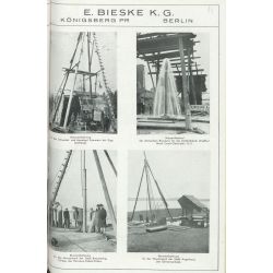 Fragment broszury reklamowej firmy Erich Bieske z Królewca, która wierciła studnie na potrzeby przedsiębiorstw wodociągowych, również w miastach Warmii i Mazur. Zdjęcia na dole ukazują tego typu prace w Braniewie (po lewej) i Węgorzewie (po prawej). Reprodukcja: Archiwum Państwowe w Olsztynie (APO, sygn. 247/2889, Akta miasta Barczewo)