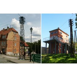 Historyczne słupy energetyczne w Reszlu (po lewej) i Rynie (po prawej), gdzie zaadaptowano budynek dawnej trafostacji (widoczny w głębi) (fot. Adam Płoski) 