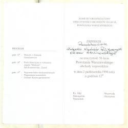 Zaproszenie na uroczystość obchodów 50-lecia Powstania Warszawskiego, 1994 r.