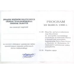 Zaproszenie na odsłonięcie i poświęcenie tablicy upamiętniającej więźniów politycznych okresu stalinowskiego, 1998 r.