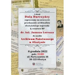 Plakat promujący obchody Dnia Darczyńcy w Archiwum Państwowym w Olsztynie